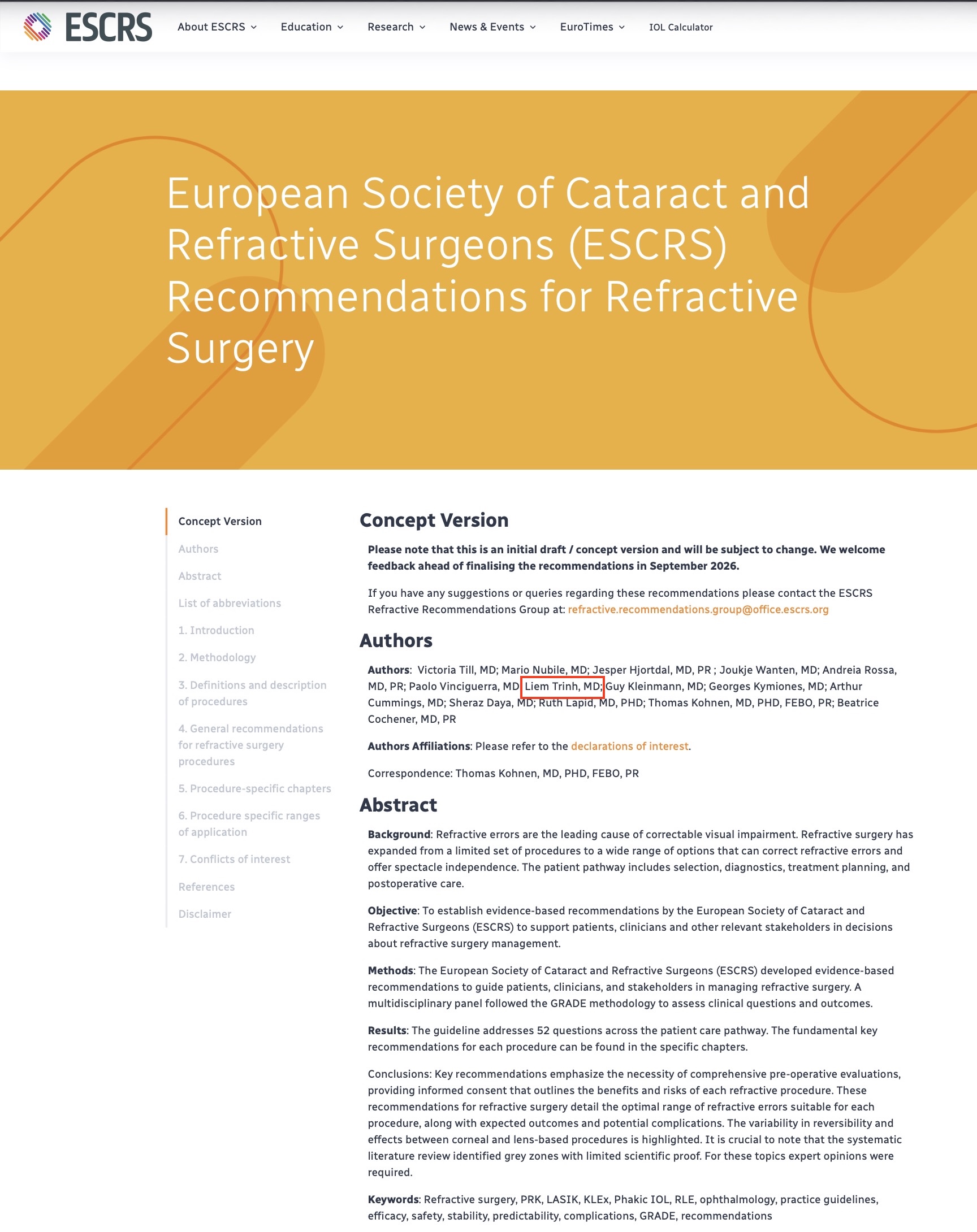 Recommandations européennes de l’ESCRS en chirurgie réfractive – Dr Liem Trinh co-auteur